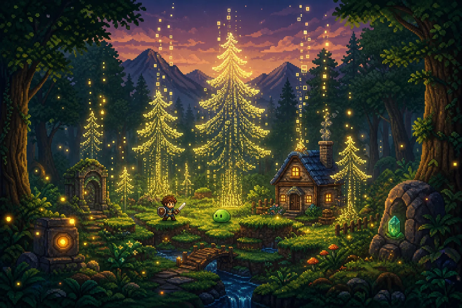 Illustration: a dusk forest where glowing code glyphs drift up and grow into pines around a tiny game world