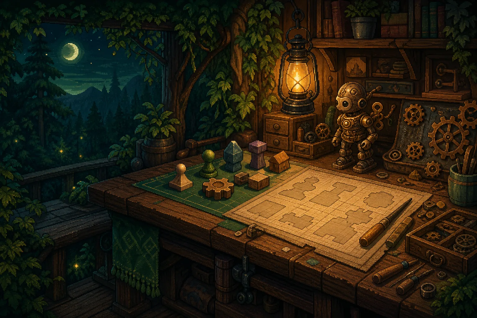 Illustration: a forest workshop bench at night with gears, a small clockwork figure and wooden game pieces