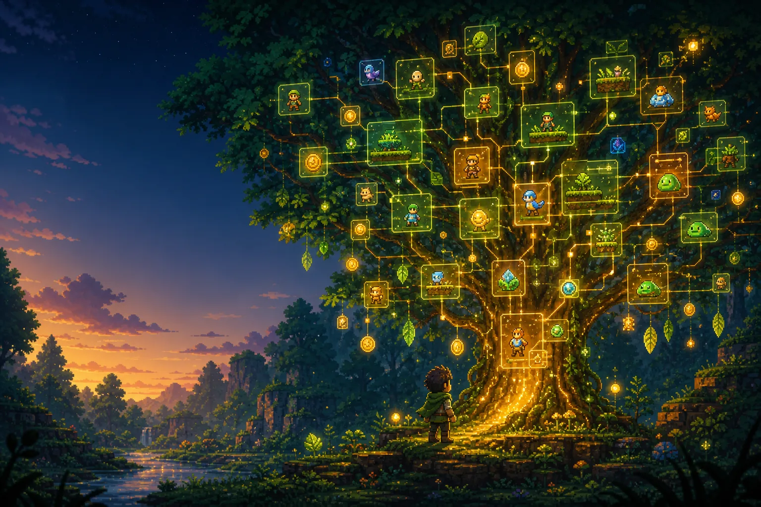 Illustration: a glowing tree of floating sprites and panels in a twilight forest, like a living scene graph