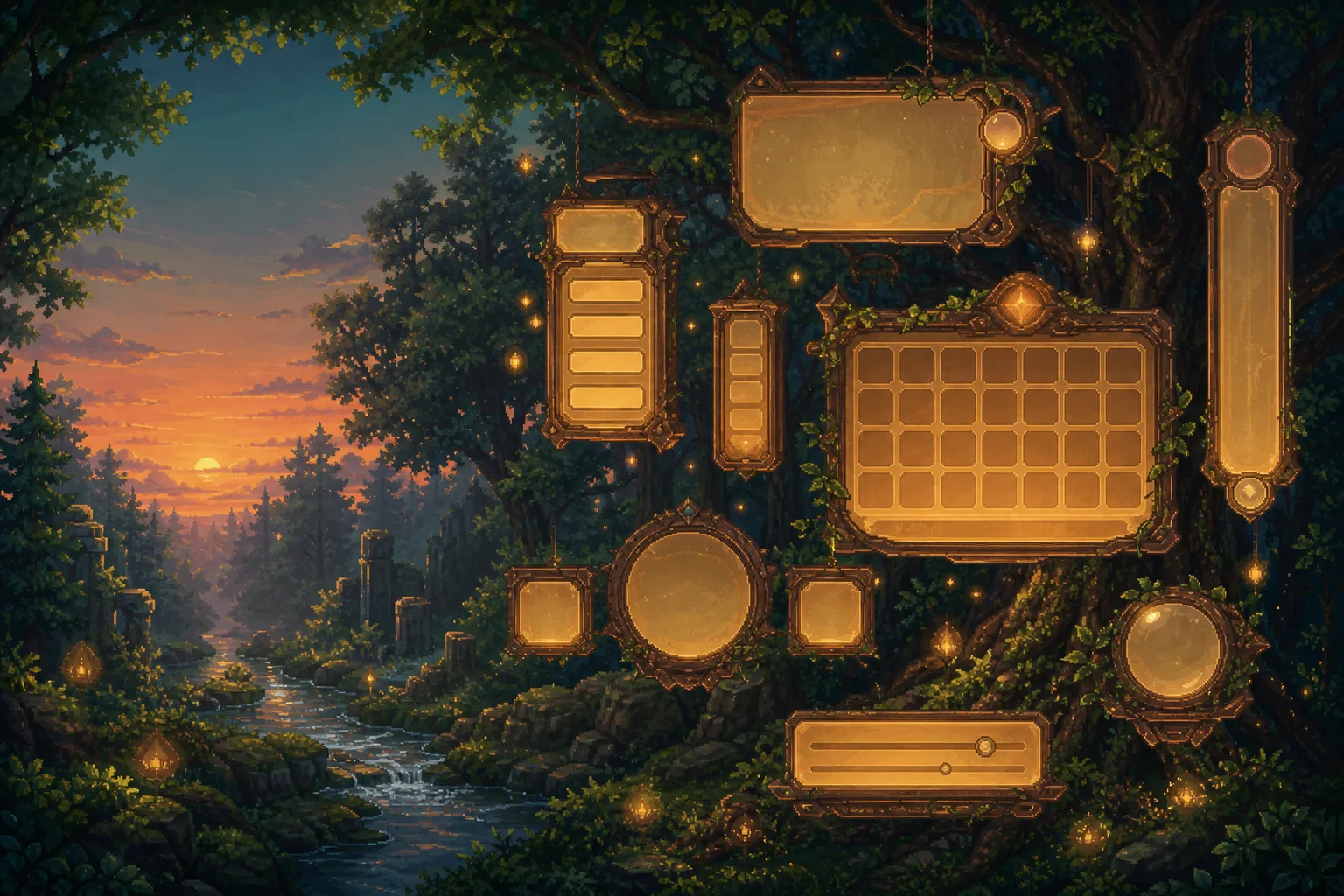 Illustration: blank wooden and glass game menus, buttons and sliders drifting like lanterns among the trees at dusk